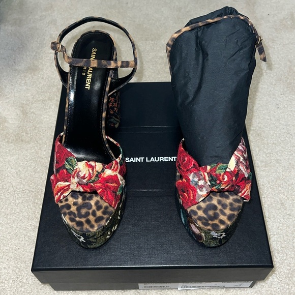 Saint Laurent| Bianca Floral Jacquard Platform Sandals - Picture 1 of 7